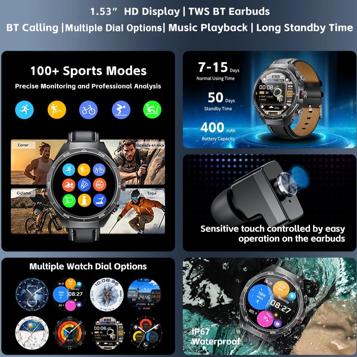 NFC 헤드셋 스마트워치 2 in 1 TWS 무선 헤드 - Smartwatch English 리뷰 및 가격